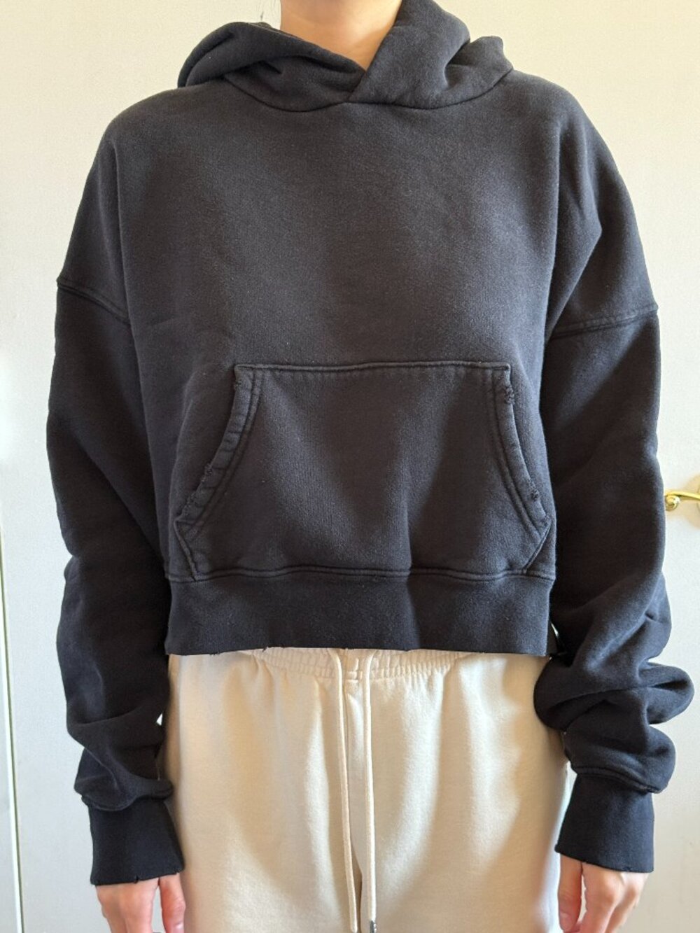 Yellow The Label 100% Cotton Black Distressed Cropped Hoodie